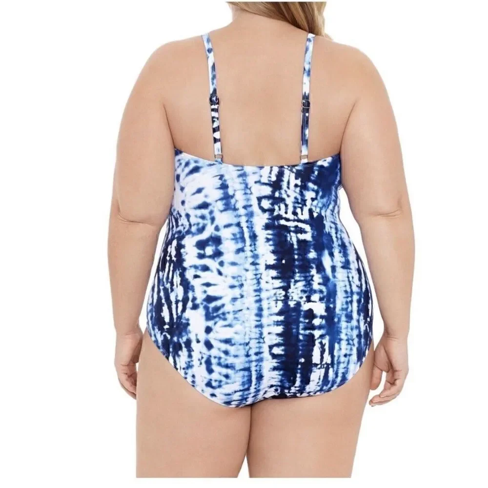 NWT Sz 22 Time Tru tie dye one piece swimsuit, blue, lined, w bust pads.